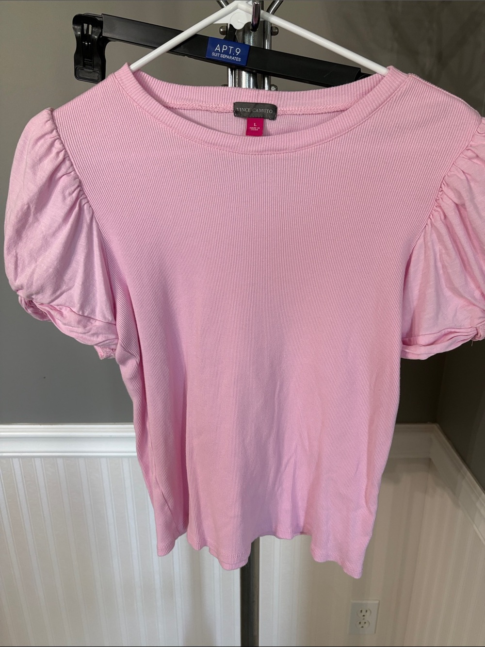 Vince Camuto Pastel Pink Ribbed Puff-Sleeve Tee
